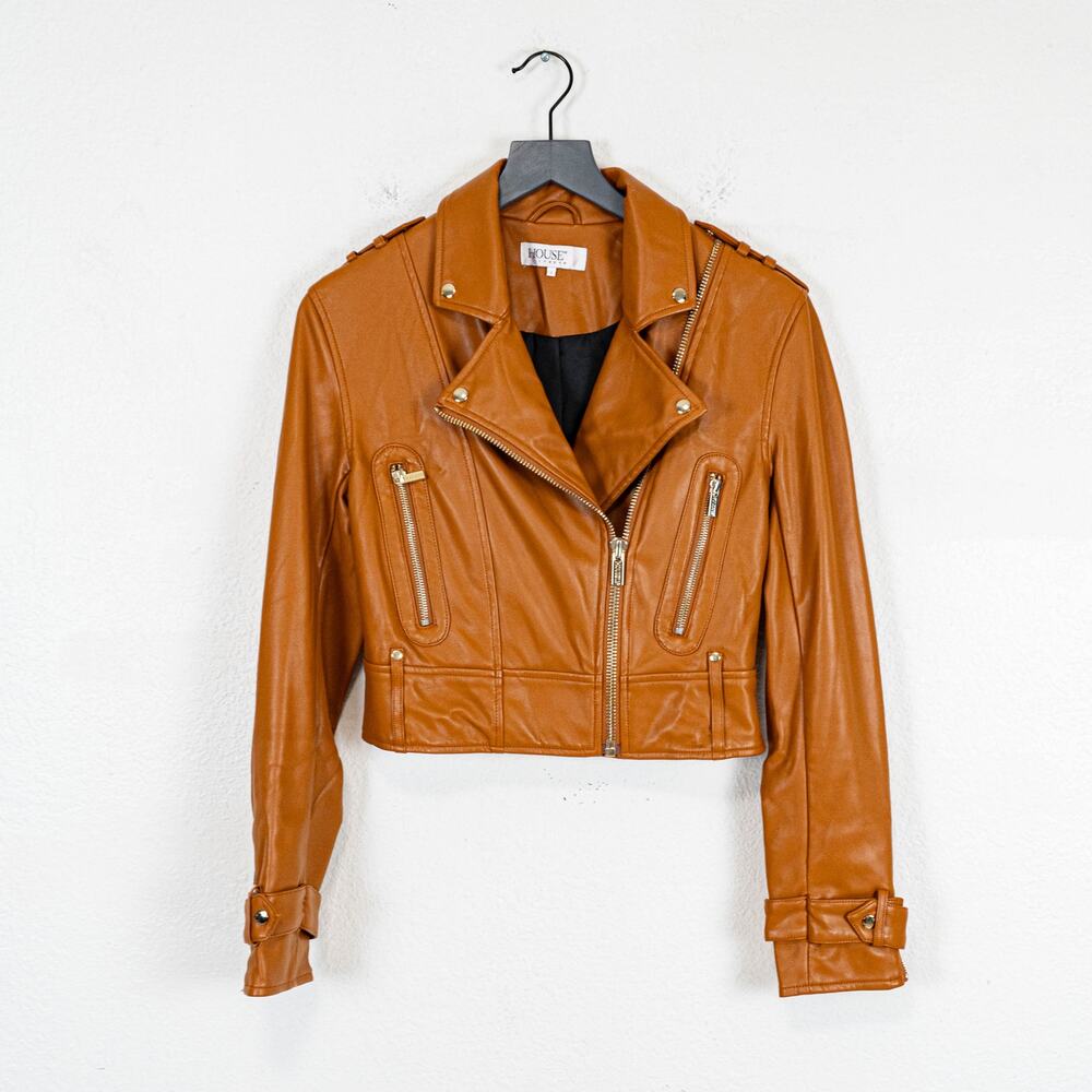 House of CB Carson Vegan Leather Biker Moto Jacket in tan size Small - Picture 6 of 11